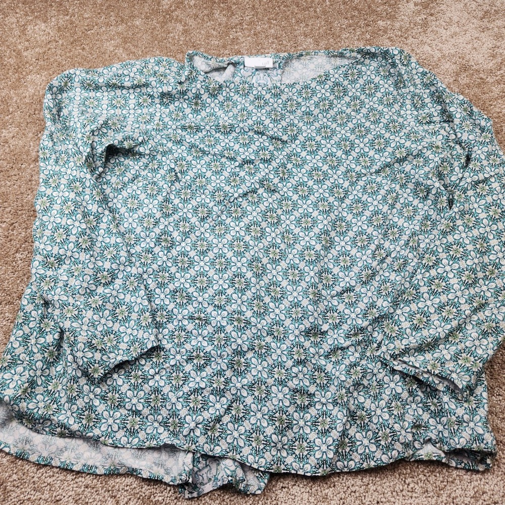 J. Jill Womens Large Petite Teal Green Floral Rayon Long Sleeve Blouse Top